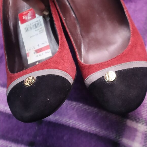 COLORBLOCK HEELS 7.5 Tommy Hilfiger Chunky Red Black Fall Classic Leather Retro - Picture 4 of 9